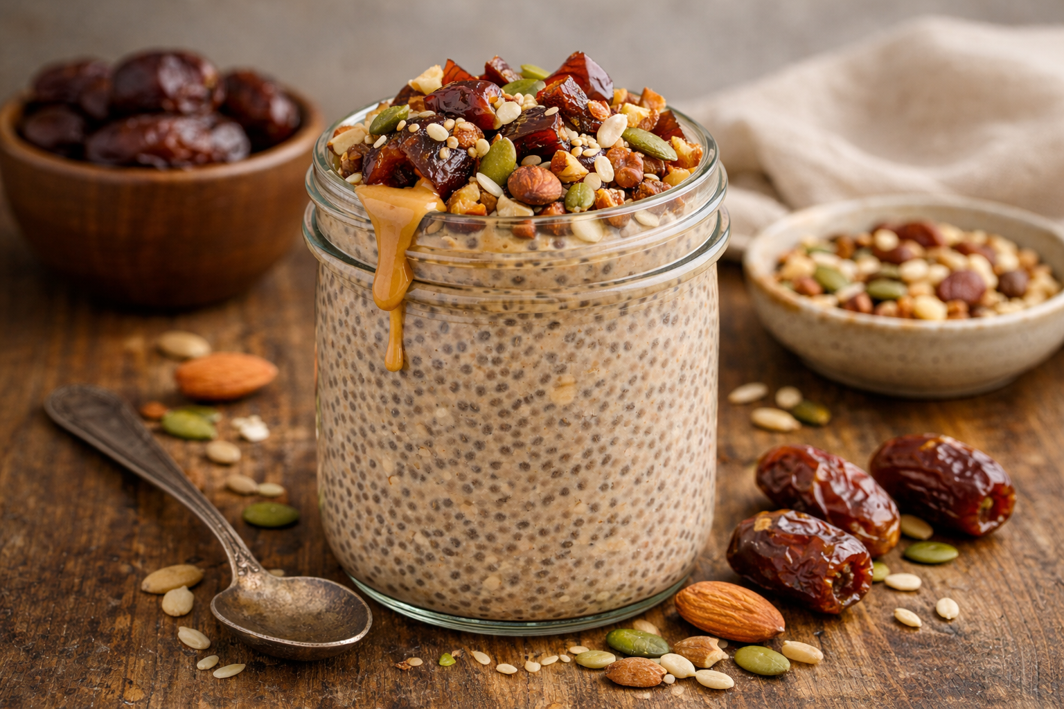 Creamy Peanut Butter Chia Pudding with Almond Milk, Dates & Seeds Creamy Peanut Butter Chia Pudding with Almond Milk, Dates & Seeds